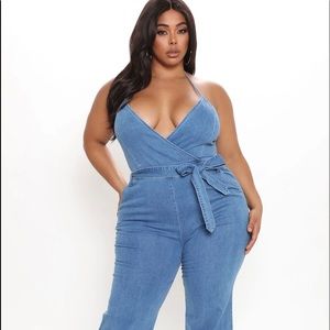 Denim halter flare jumpsuit 1X